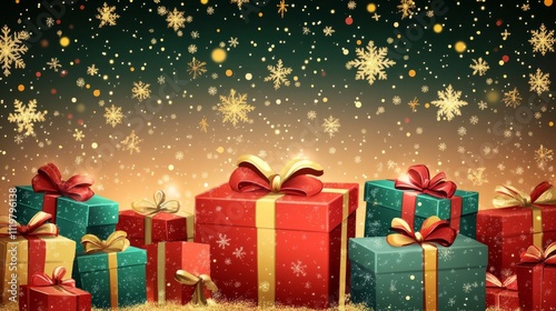A background vector illustration of Christmas presents with a starry night sky, with a multitude of Christmas present boxes stacked on top of each other. 