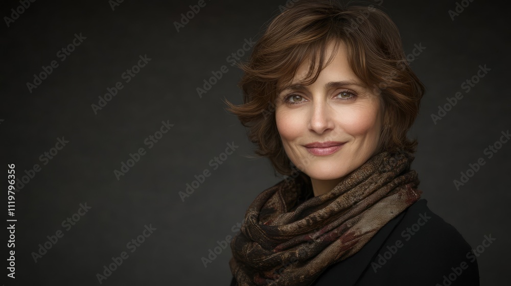 Elegant studio portrait of a cheerful woman with soft features and a stylish scarf against a muted background Elegant studio portrait of a cheerful woman with soft features and a stylish scarf against a muted background
