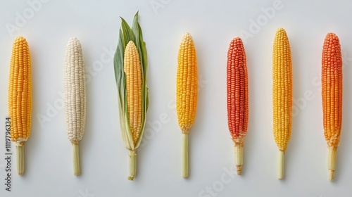 Colorful varieties of corn on the cob arranged in a row against a clean white background, featuring yellow, orange, red, and white kernels, agriculture, food, healthy eating, fresh produce.