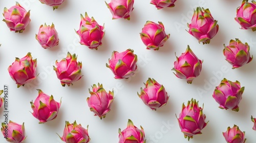 Close-up arrangement of vibrant pink dragon fruits on a white background, emphasizing their unique texture and shape, healthy eating, organic produce, food art, fresh ingredients. photo