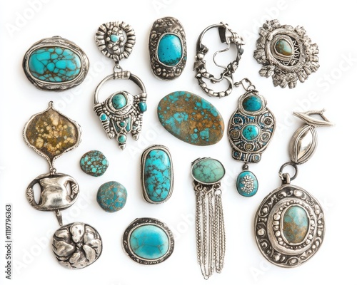 Assorted silver jewelry with turquoise stones on a white isolated background.