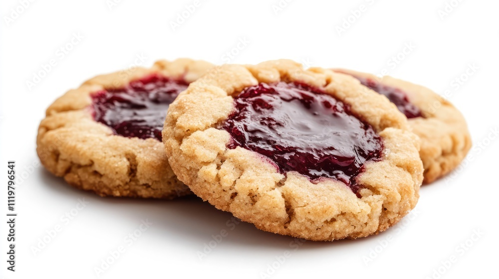 Close-up of three jam-filled cookies isolated on a clean white background, showcasing the textured golden crust and vibrant red jam center, food photography, dessert, baked goods. Close-up of three jam-filled cookies isolated on a clean white background, showcasing the textured golden crust and vibrant red jam center, food photography, dessert, baked goods.