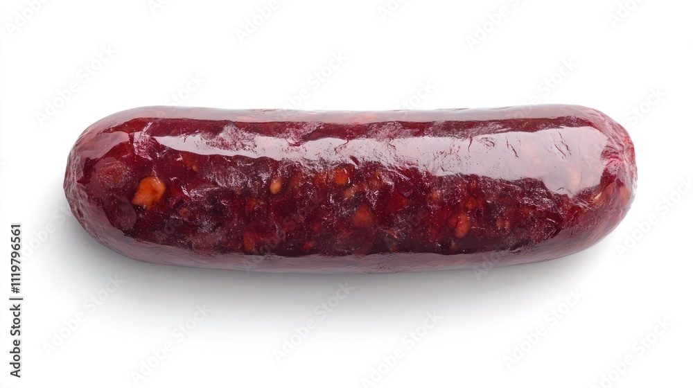 Fermented semi dry smoked sausage salami on white background showcasing rich color and texture for culinary and food design contexts
