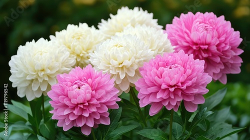 Flowering white and pink peonies in a lush garden setting with a natural blurred background