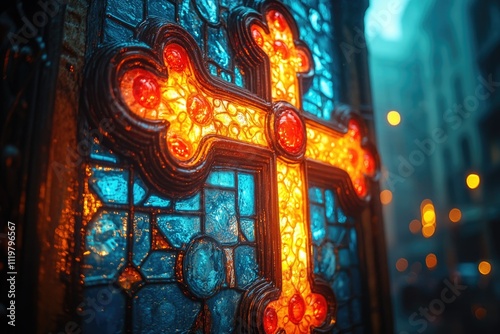 Close-up view of a stained glass window featuring a cross design photo