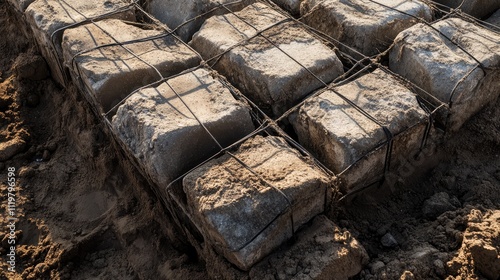 Cement blocks secured with wire for elevation and spacing between mesh and soil in construction applications photo