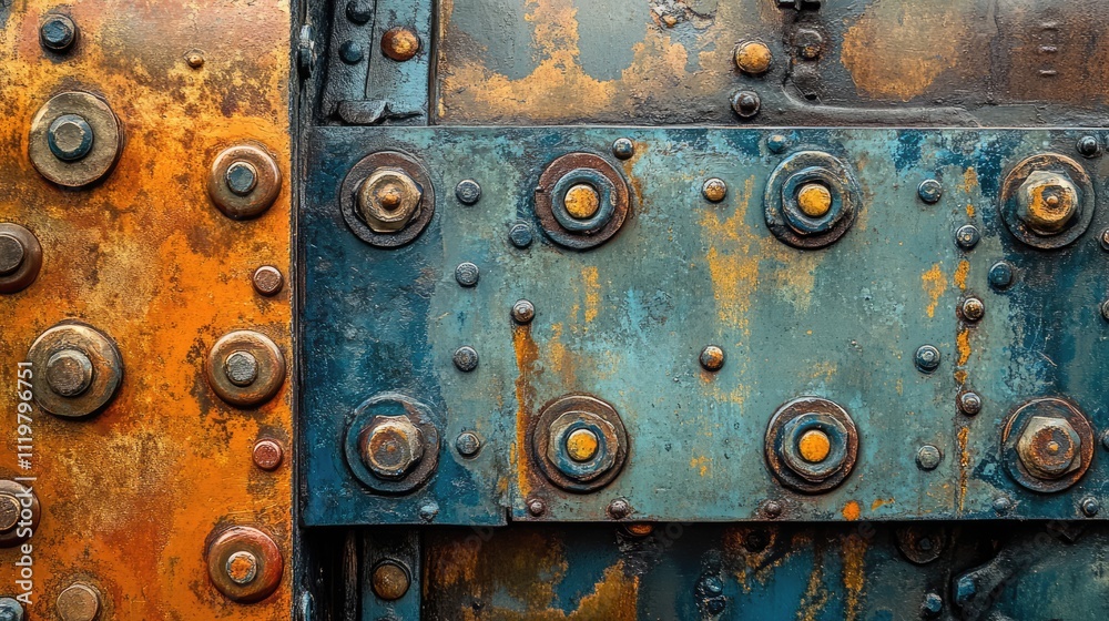 Detailed close-up view of a weathered locomotive side, showcasing rusted metal plates, rivets, and textured surfaces in shades of blue and orange, industrial, vintage, machinery, transportation. Detailed close-up view of a weathered locomotive side, showcasing rusted metal plates, rivets, and textured surfaces in shades of blue and orange, industrial, vintage, machinery, transportation.