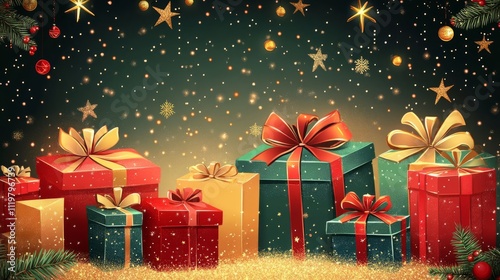 A background vector illustration of Christmas presents with a starry night sky, with a multitude of Christmas present boxes stacked on top of each other. 