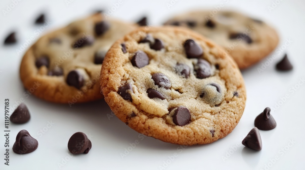 Chocolate chip cookies arranged artfully on a clean white surface with chocolate chips scattered around for culinary and dessert imagery Chocolate chip cookies arranged artfully on a clean white surface with chocolate chips scattered around for culinary and dessert imagery