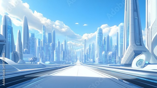 The background of the futuristic city is a blue sky with white clouds, with tall buildings on both sides of high-tech roads. 