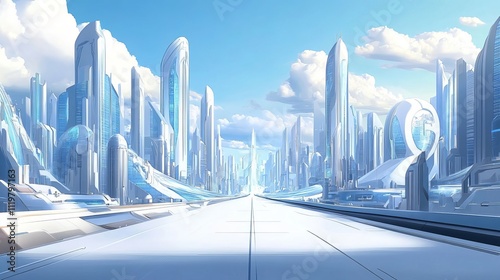 The background of the futuristic city is a blue sky with white clouds, with tall buildings on both sides of high-tech roads. 