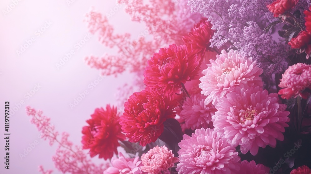 Festive floral arrangement with peonies and chrysanthemums in pink and crimson hues on a light lilac background for invitations and greetings Festive floral arrangement with peonies and chrysanthemums in pink and crimson hues on a light lilac background for invitations and greetings