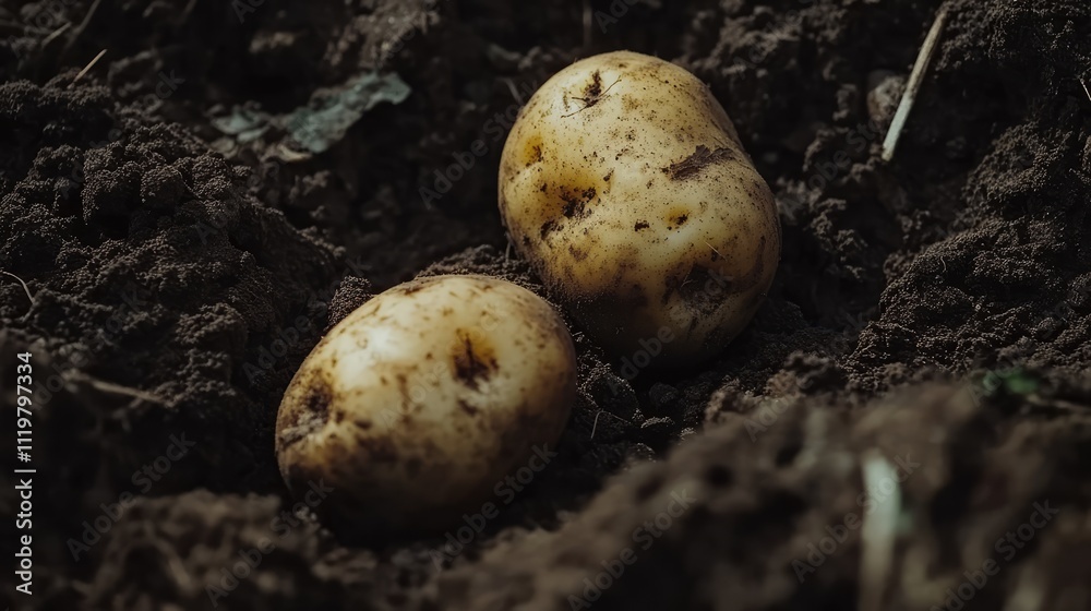 Freshly harvested potatoes resting in rich soil showcasing natural agricultural details Freshly harvested potatoes resting in rich soil showcasing natural agricultural details