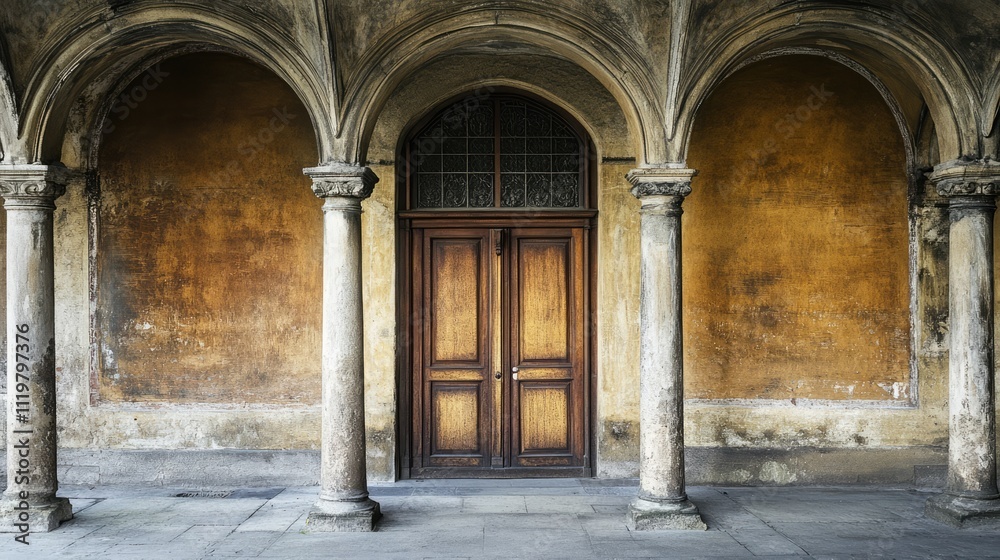 Fototapeta premium Architectural features including ornate arches and columns framing a wooden door in a historic urban setting with textured walls.