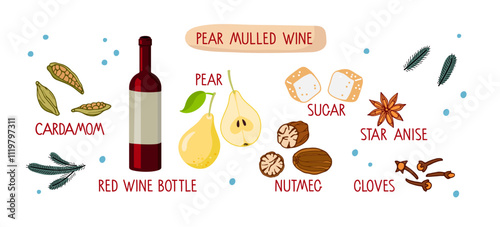 Pear Mulled Wine. Warming drink for winter and autumn. Hot wine drink with Red Wine, spices and pear, fir-tree branch illustration. Mulled wine recipe ingredients. Preparation of healthy warm drink. 
