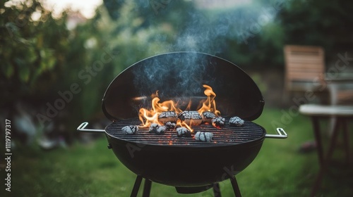 Charcoal Grill Fire Flames Cooking Burgers in Backyard Garden Setting photo