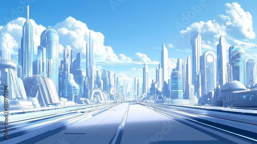 The background of the futuristic city is a blue sky with white clouds, with tall buildings on both sides of high-tech roads. 