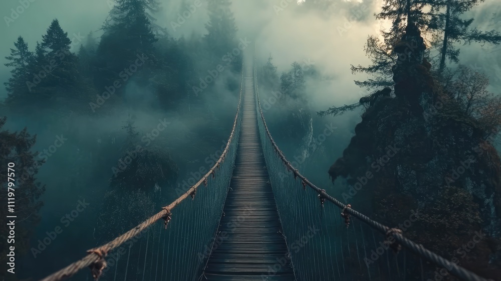Obraz premium Misty suspension bridge in a dense forest creating a mysterious and tranquil atmosphere with fog shrouding the landscape.
