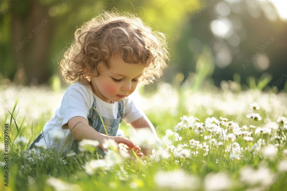 A young child sitting among colorful flowers, enjoying the outdoors A young child sitting among colorful flowers, enjoying the outdoors