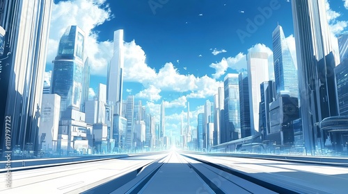 The background of the futuristic city is a blue sky with white clouds, with tall buildings on both sides of high-tech roads. 