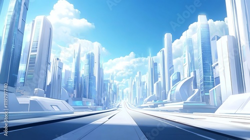 The background of the futuristic city is a blue sky with white clouds, with tall buildings on both sides of high-tech roads. 