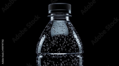 Close-up of a clear water bottle with condensation droplets against a dark background showcasing freshness and hydration. photo