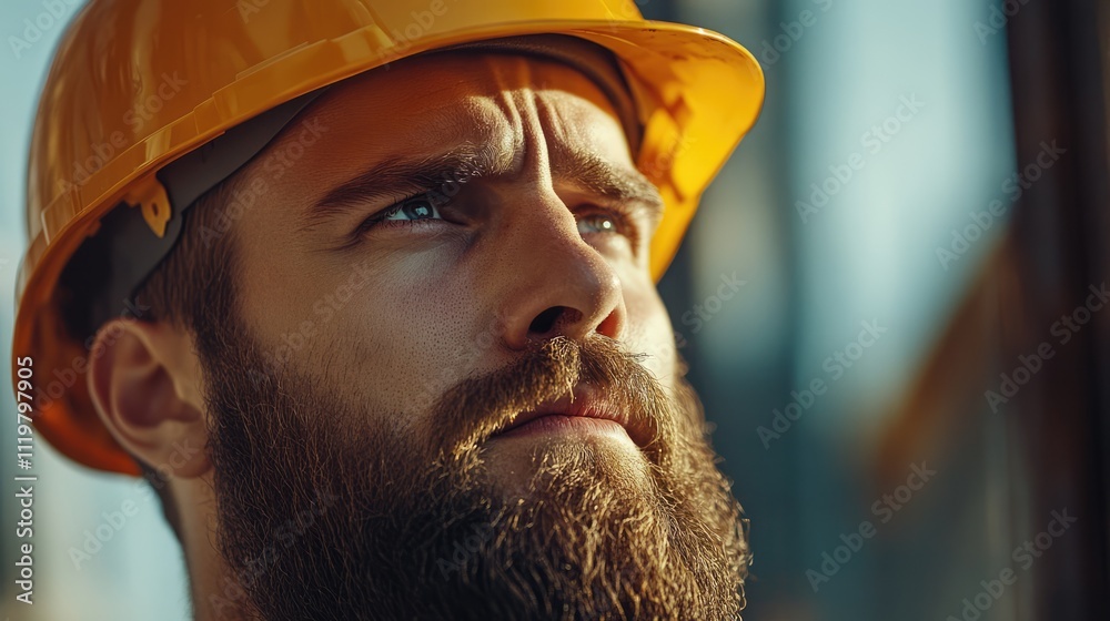 Closeup portrait of a bearded construction worker in hard hat reflecting on building site with focus and determination in professional environment