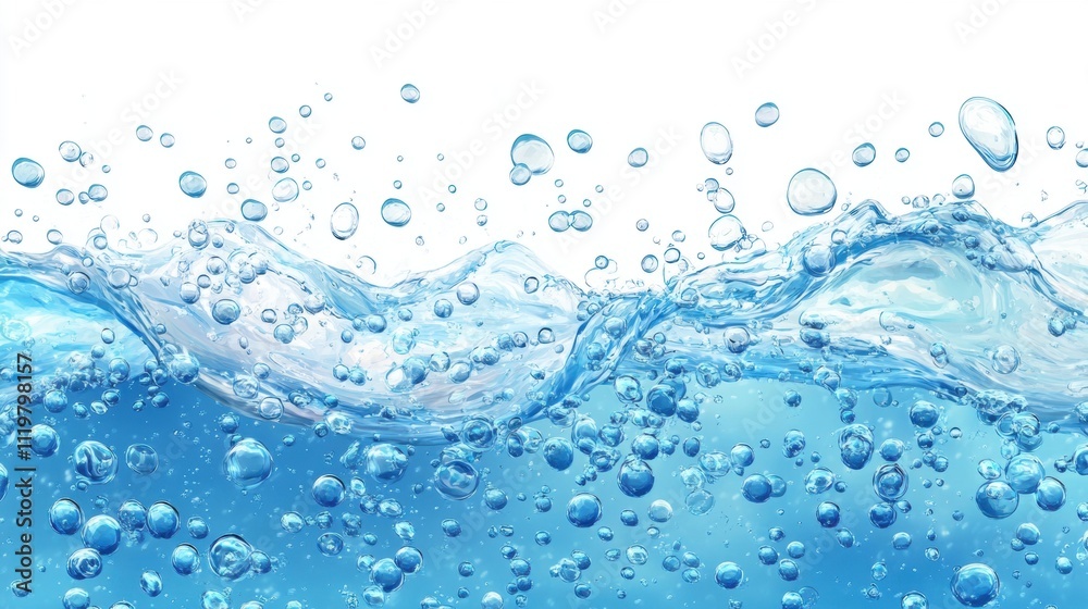 Crystal clear water with bubbles creating a wave-like appearance, conveying freshness and tranquility. Crystal clear water with bubbles creating a wave-like appearance, conveying freshness and tranquility.