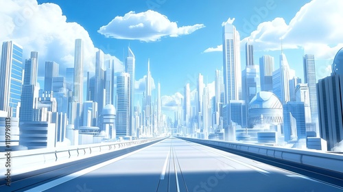 The background of the futuristic city is a blue sky with white clouds, with tall buildings on both sides of high-tech roads. 