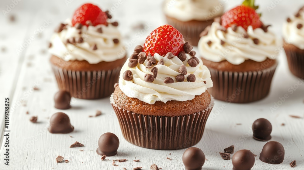 Close up of delicious cupcakes with whipped cream topped with strawberries and chocolate balls on a rustic white wooden table background