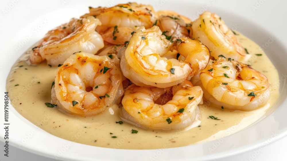 Cooked river shrimp plated with a creamy seafood sauce, garnished with herbs, presented in a white dish against a clean background, food, cuisine, seafood, culinary. Cooked river shrimp plated with a creamy seafood sauce, garnished with herbs, presented in a white dish against a clean background, food, cuisine, seafood, culinary.