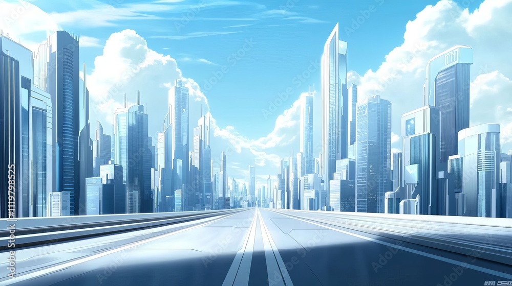 The background of the futuristic city is a blue sky with white clouds, with tall buildings on both sides of high-tech roads. The background of the futuristic city is a blue sky with white clouds, with tall buildings on both sides of high-tech roads.