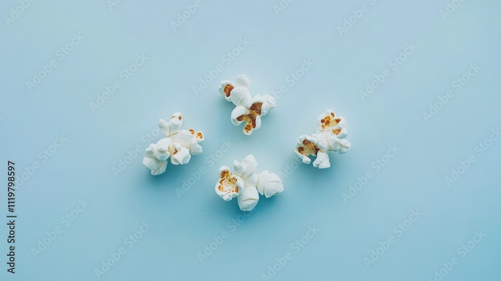 Close-up of buttered popcorn scattered on a soft pastel blue background, emphasizing texture and color, ideal for food-related themes, unhealthy snacks, minimalism, and flat lay photography. Close-up of buttered popcorn scattered on a soft pastel blue background, emphasizing texture and color, ideal for food-related themes, unhealthy snacks, minimalism, and flat lay photography.