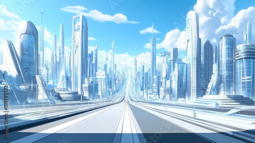 The background of the futuristic city is a blue sky with white clouds, with tall buildings on both sides of high-tech roads. 