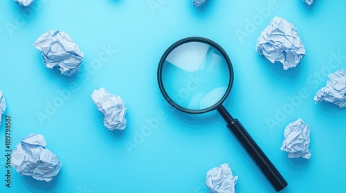 Flat lay of a magnifying glass surrounded by crumpled paper on a blue background symbolizing search for ideas and business inspiration