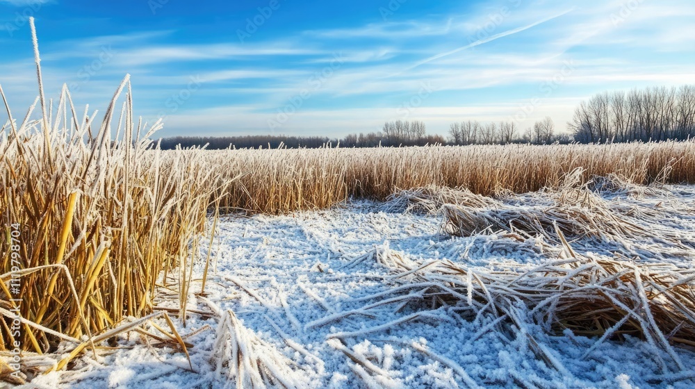 Fototapeta premium Frost-covered common reed grass in a snowy landscape, emphasizing icy textures and winter scenery under a clear blue sky, winter, nature, frozen environment, cold temperatures.