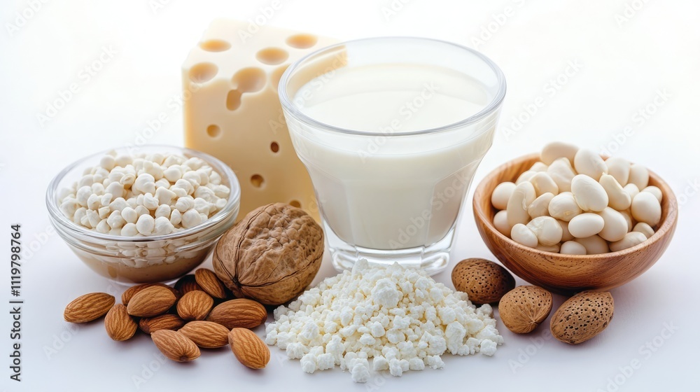 Calcium rich foods assortment including dairy nuts seeds and legumes for bone health nutrition and osteoporosis prevention on a light background Calcium rich foods assortment including dairy nuts seeds and legumes for bone health nutrition and osteoporosis prevention on a light background