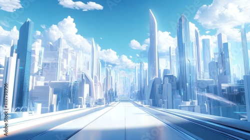 The background of the futuristic city is a blue sky with white clouds, with tall buildings on both sides of high-tech roads. 