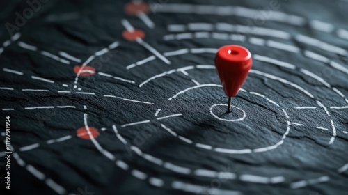 Customer journey marketing concept with a focus on customer behavior analysis, featuring a close-up of a red pin marking a path on a textured black surface, strategy, customer experience, loyalty, pla photo