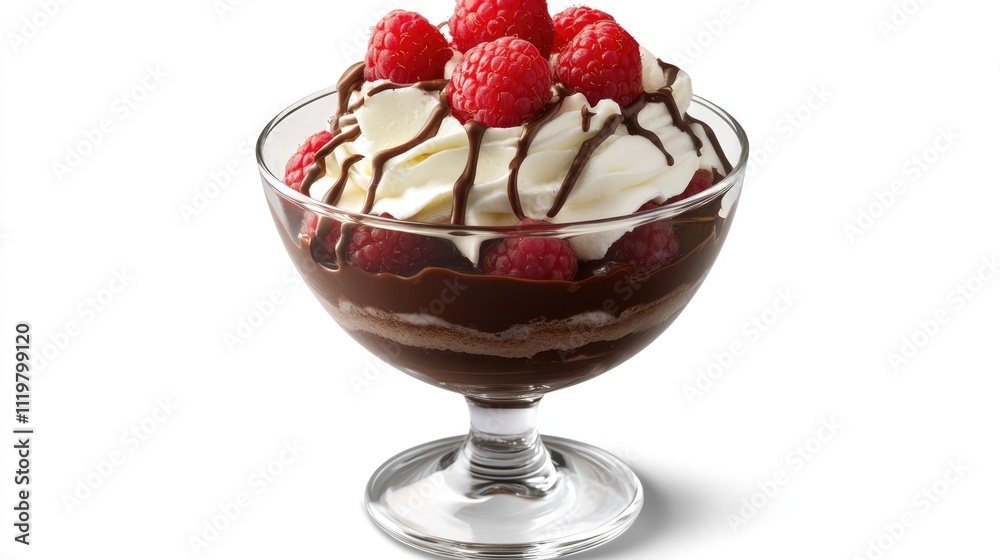 Chocolate mousse dessert topped with fresh raspberries and whipped cream in a clear glass bowl on a white background