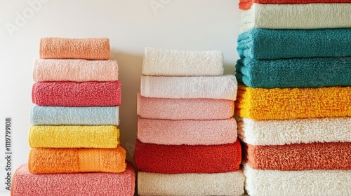 Colorful stack of soft towels in various shades including pink, orange, and turquoise, arranged neatly against a clean white background, home decor, textiles, bath essentials. photo