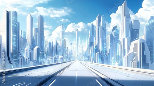 The background of the futuristic city is a blue sky with white clouds, with tall buildings on both sides of high-tech roads. 