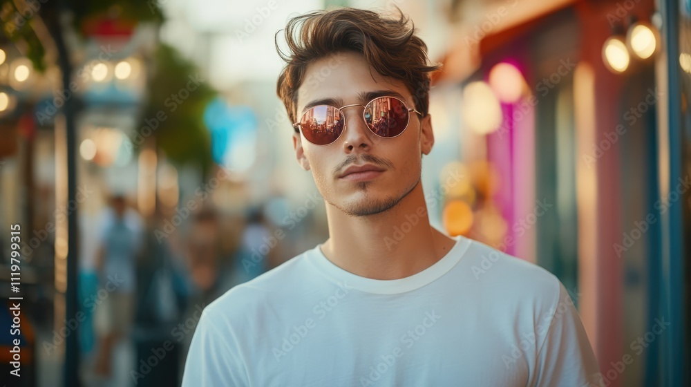 Young man wearing sunglasses posing confidently in a vibrant urban setting surrounded by a lively crowd on a sunny day. Young man wearing sunglasses posing confidently in a vibrant urban setting surrounded by a lively crowd on a sunny day.