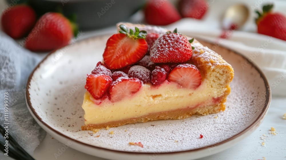 Custard cake slice topped with fresh strawberries and served on a plate with scattered berries in the background Custard cake slice topped with fresh strawberries and served on a plate with scattered berries in the background