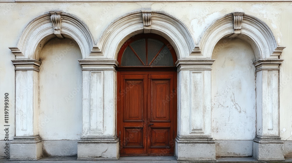 Architectural details showcasing decorative arches and columns with door entrance in a historic building setting on urban streets Architectural details showcasing decorative arches and columns with door entrance in a historic building setting on urban streets