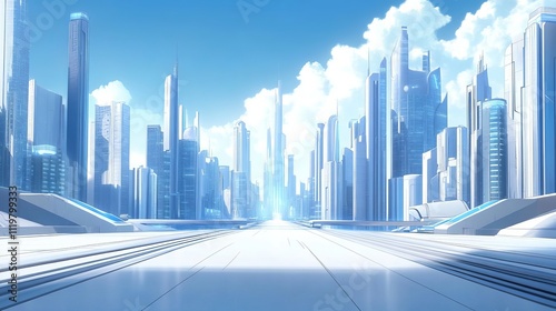 The background of the futuristic city is a blue sky with white clouds, with tall buildings on both sides of high-tech roads. 
