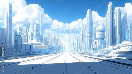 The background of the futuristic city is a blue sky with white clouds, with tall buildings on both sides of high-tech roads. 