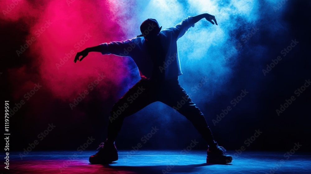 A male dancer of African descent striking a dynamic pose against a backdrop of blue and red smoke. A male dancer of African descent striking a dynamic pose against a backdrop of blue and red smoke.