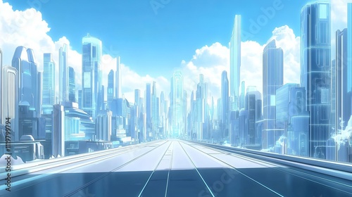 The background of the futuristic city is a blue sky with white clouds, with tall buildings on both sides of high-tech roads. 