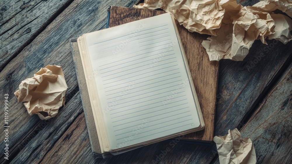 Fototapeta premium Business finance concept showcasing crumpled paper and a blank notebook page symbolizing the challenges of calculating return on assets